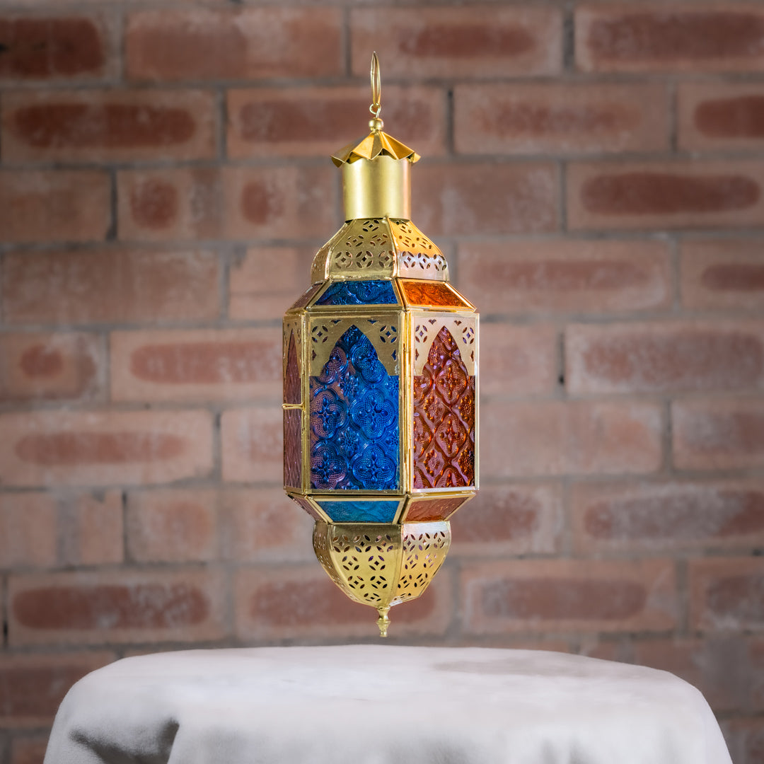 Gold Hanging Moroccan Lantern 38cm | Blue & Amber Glass