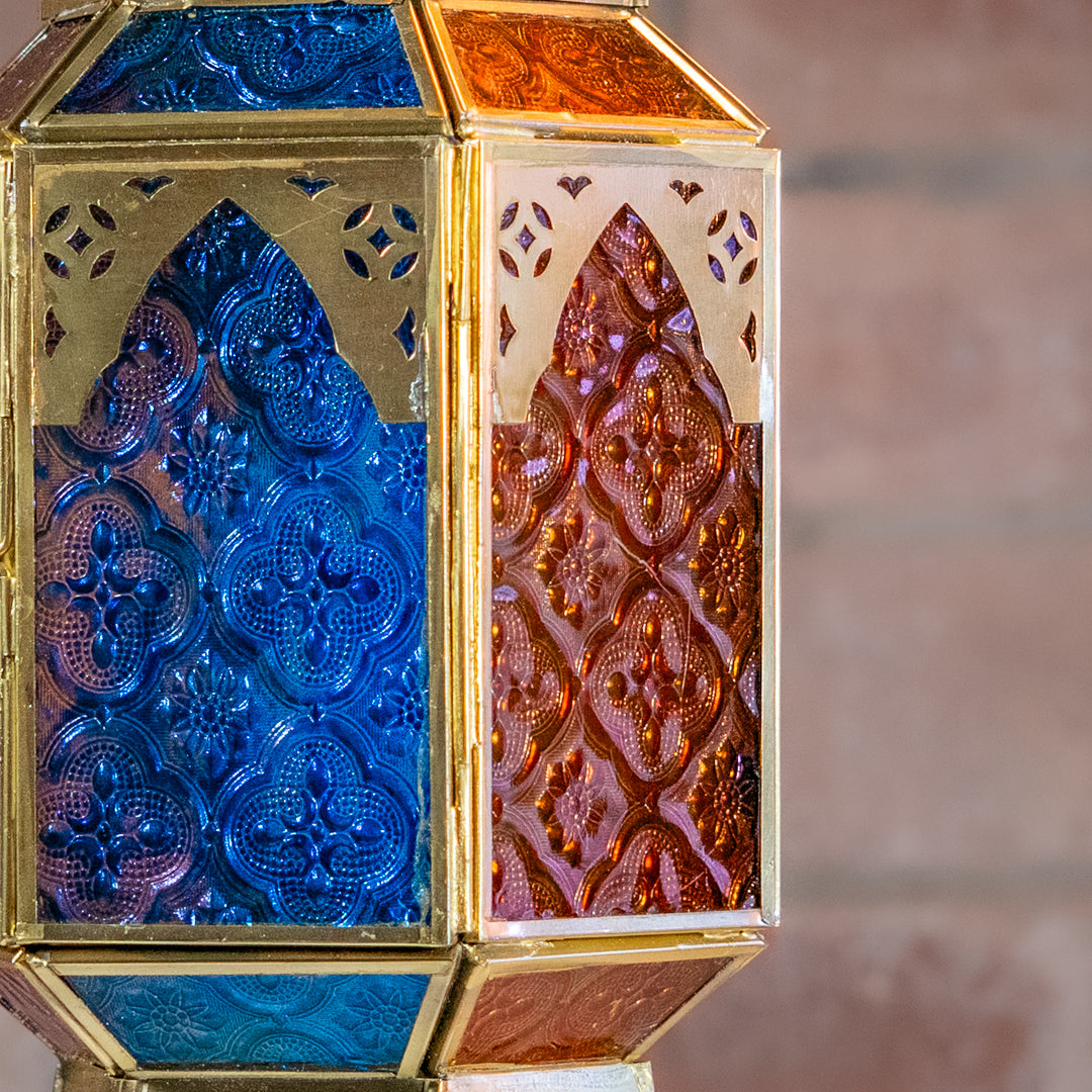 Gold Hanging Moroccan Lantern 38cm | Blue & Amber Glass