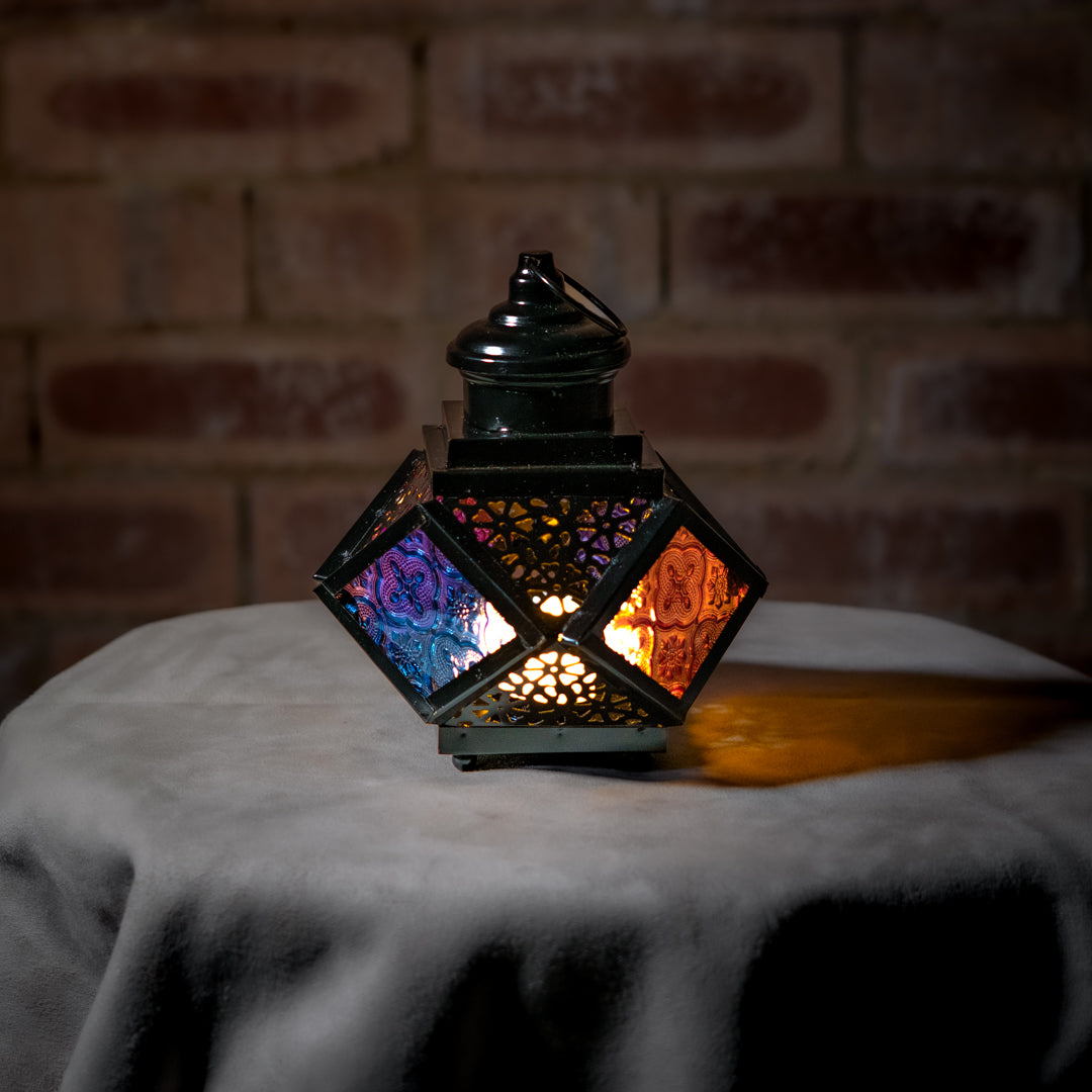 Black Moroccan Lantern 16cm | Multicolour Glass