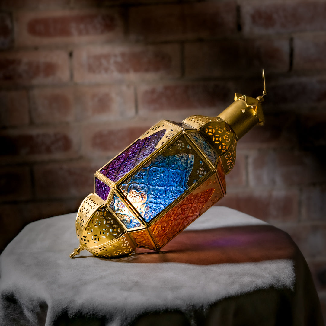 Gold Hanging Moroccan Lantern 38cm | Blue & Amber Glass