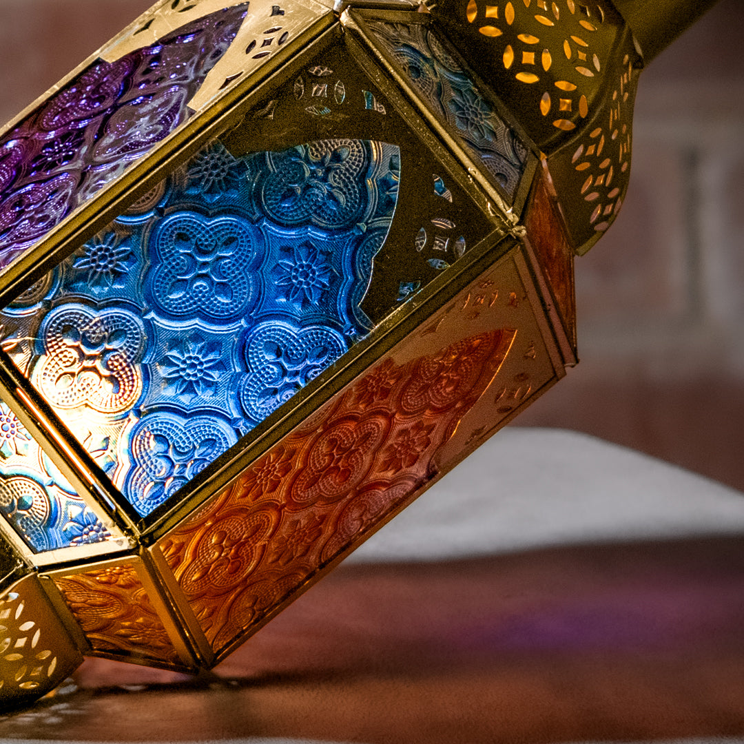 Gold Hanging Moroccan Lantern 38cm | Blue & Amber Glass