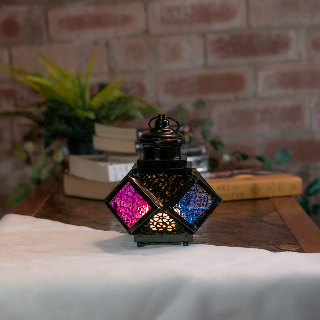 Black Moroccan Lantern 16cm | Multicolour Glass