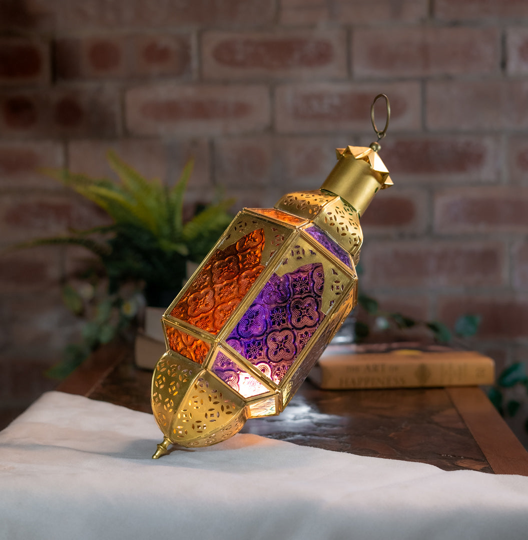 Gold Hanging Moroccan Lantern 38cm | Blue & Amber Glass