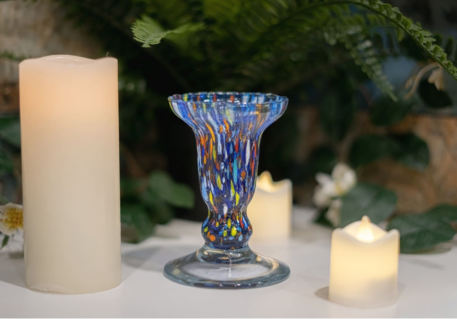 Murano Glass Candle Holder - Vibrant Blue Confetti Millefiori Italian Art Glass Candlestick | Elegant Home Decor