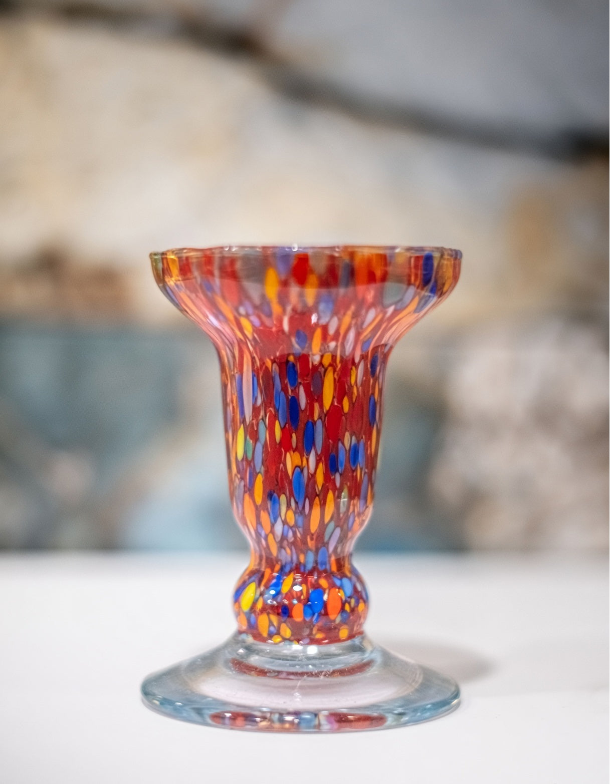 Murano Glass Candle Holder - Vibrant Red Confetti Millefiori Italian Art Glass Candlestick | Elegant Home Decor