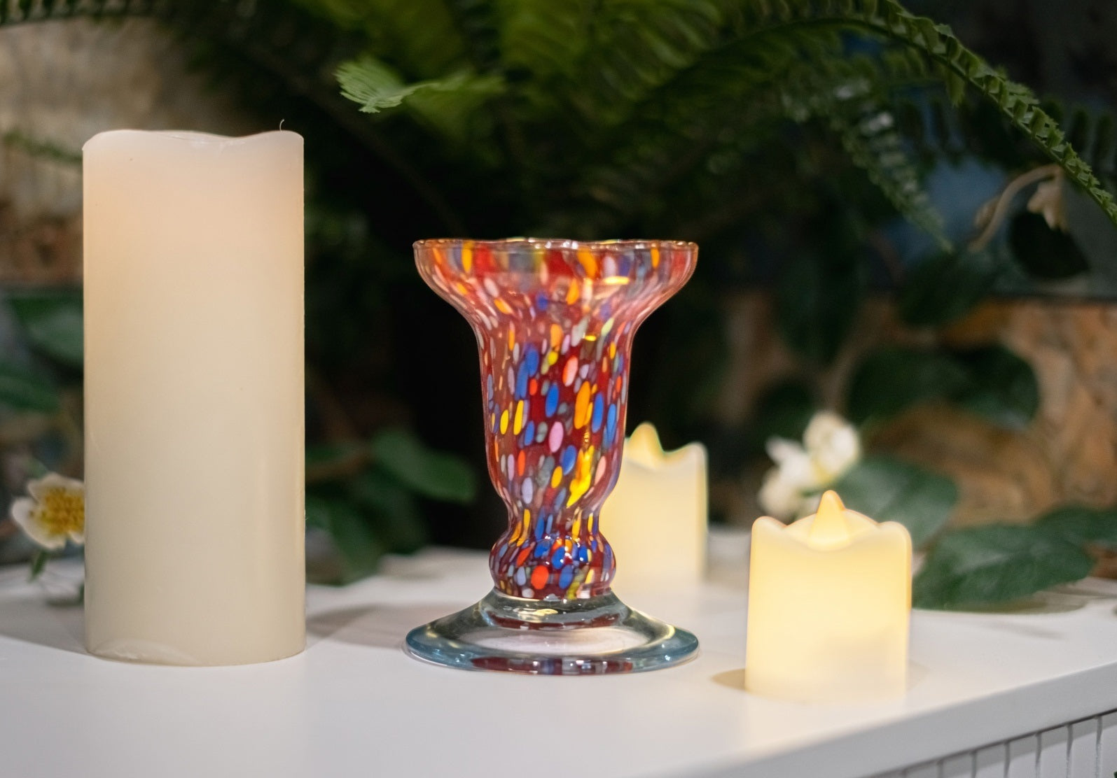 Murano Glass Candle Holder - Vibrant Red Confetti Millefiori Italian Art Glass Candlestick | Elegant Home Decor