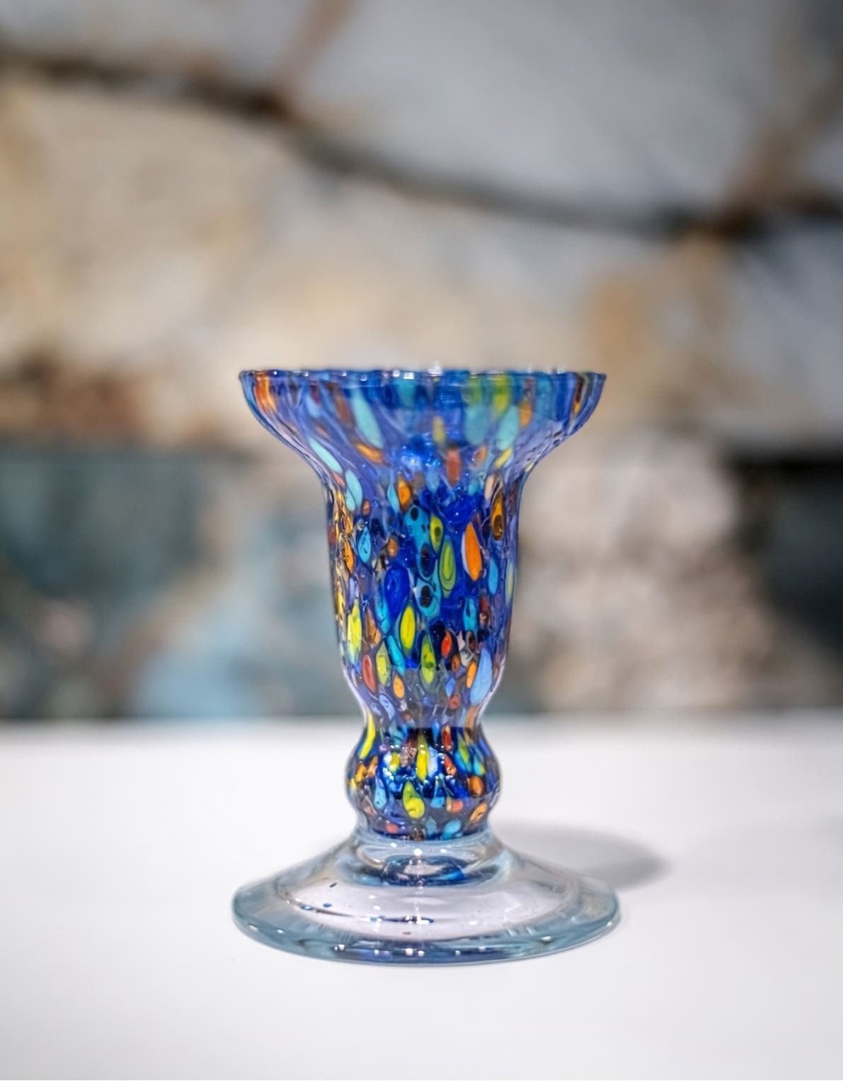 Murano Glass Candle Holder - Vibrant Blue Confetti Millefiori Italian Art Glass Candlestick | Elegant Home Decor