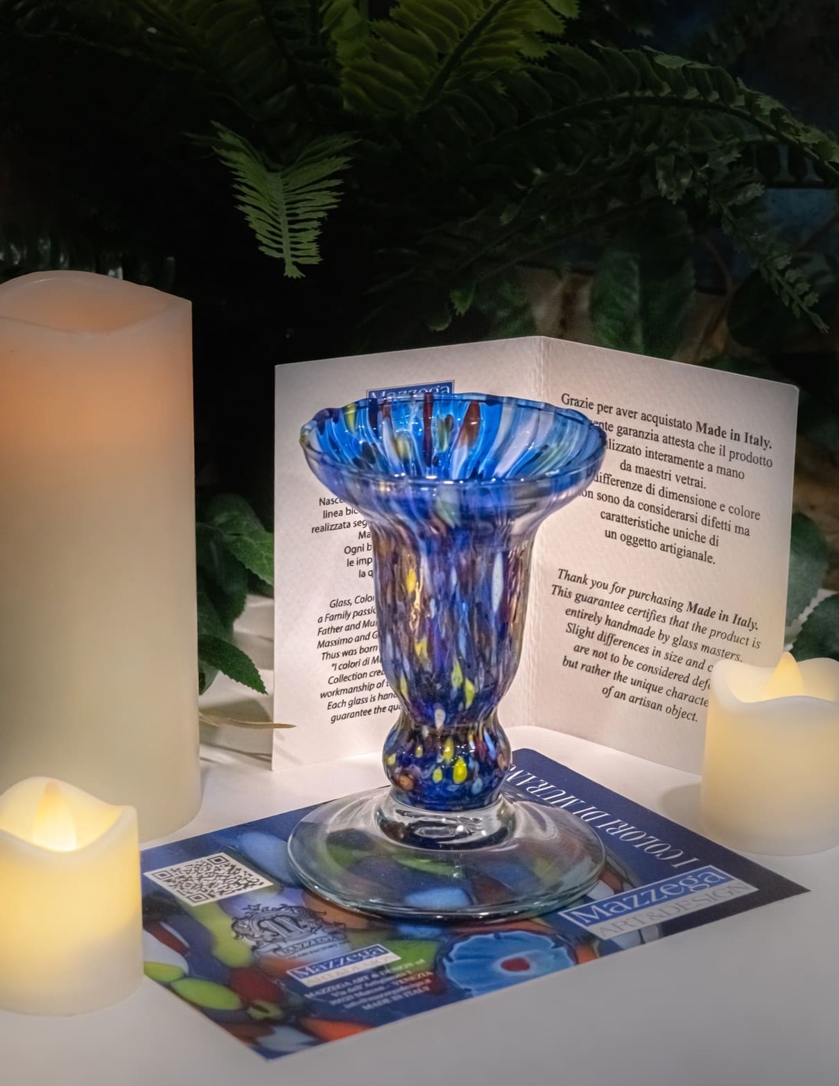 Murano Glass Candle Holder - Vibrant Blue Confetti Millefiori Italian Art Glass Candlestick | Elegant Home Decor