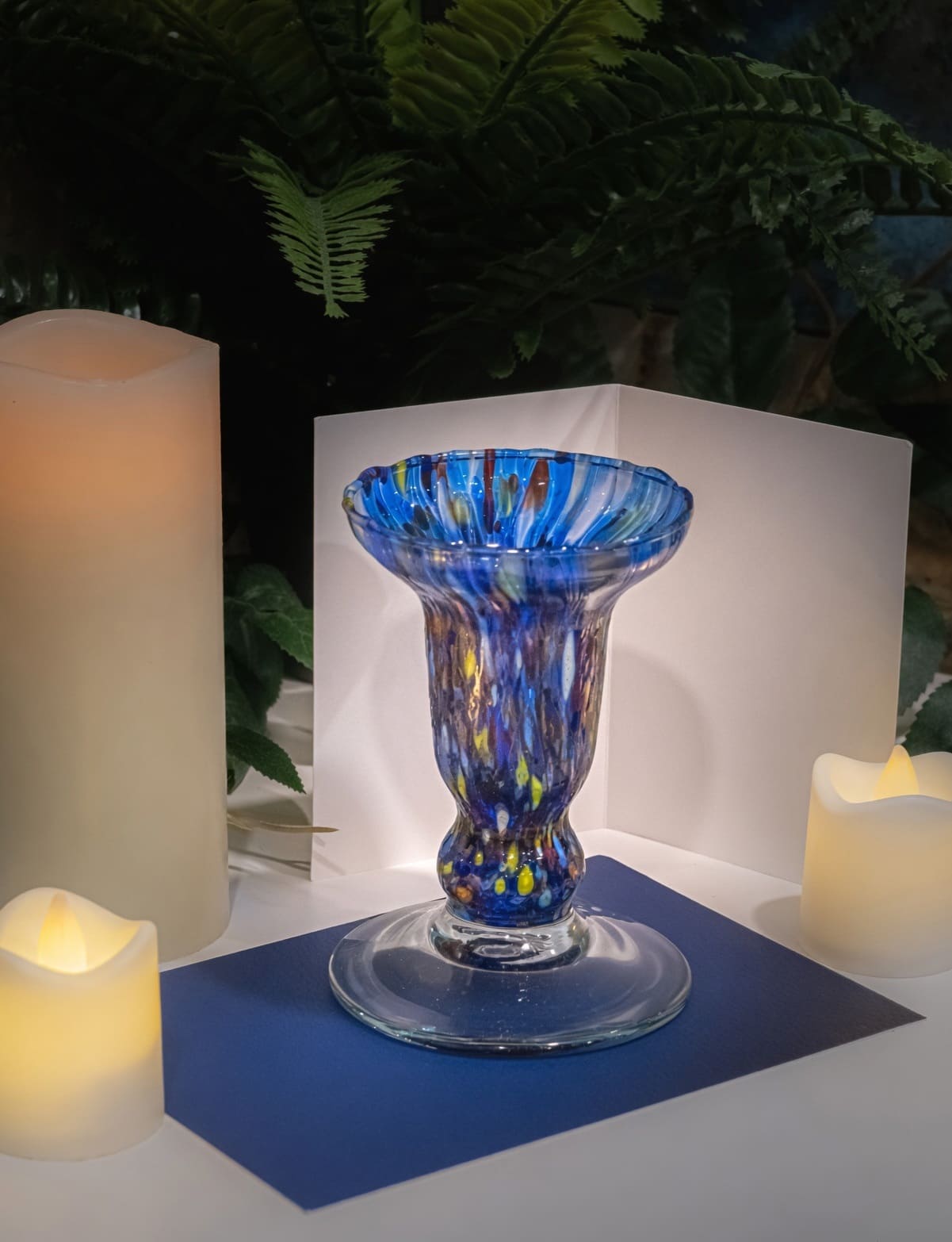 Murano Glass Candle Holder - Vibrant Blue Confetti Millefiori Italian Art Glass Candlestick | Elegant Home Decor