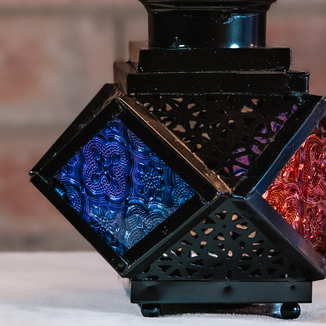 Black Moroccan Lantern 16cm | Multicolour Glass