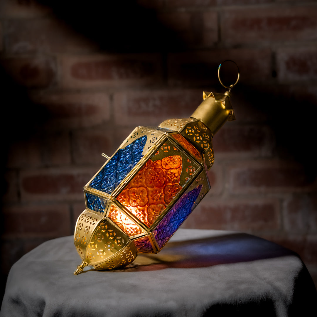 Gold Hanging Moroccan Lantern 38cm | Blue & Amber Glass