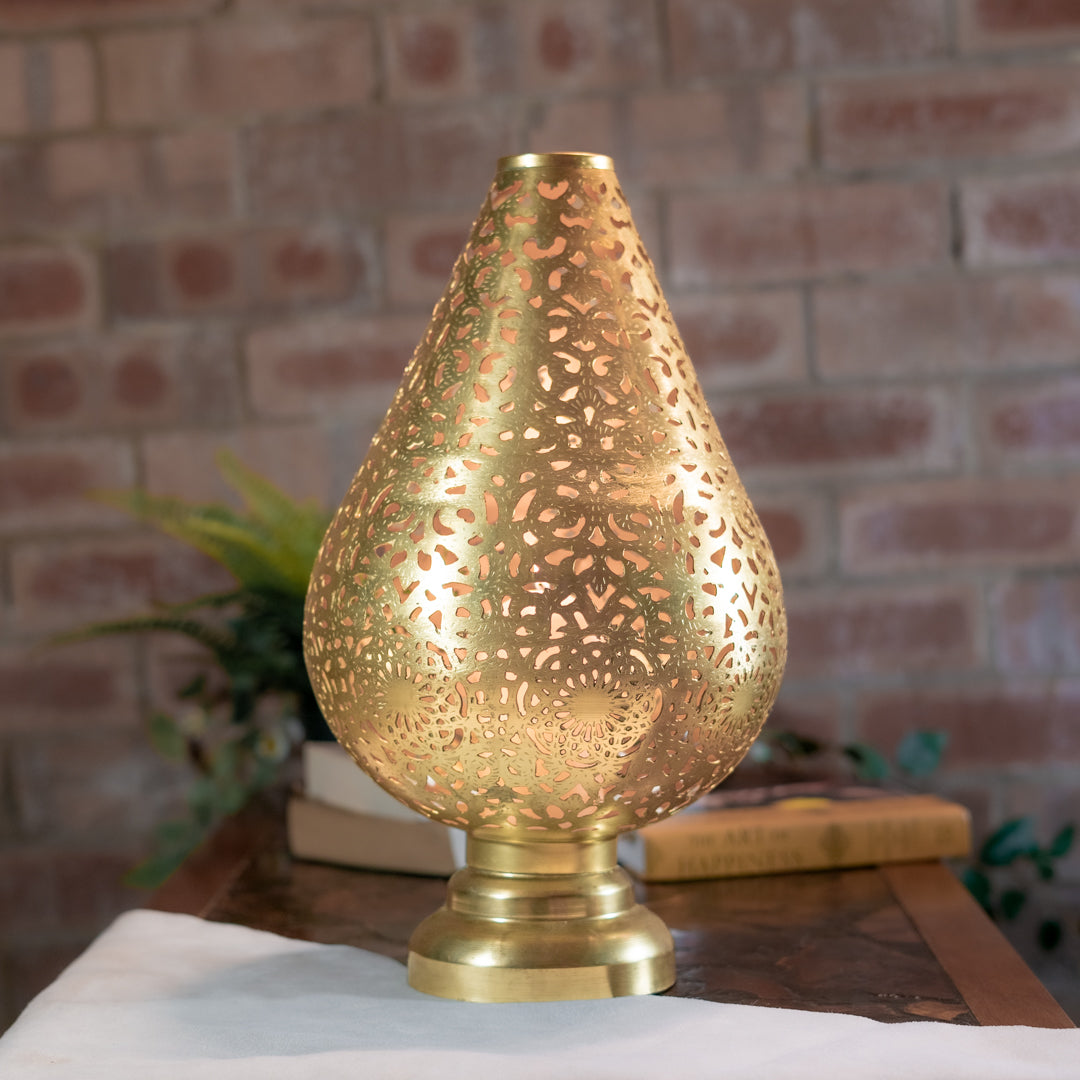 Gold Teardrop Lantern 48cm | Pierced Metal Shadow Lamp