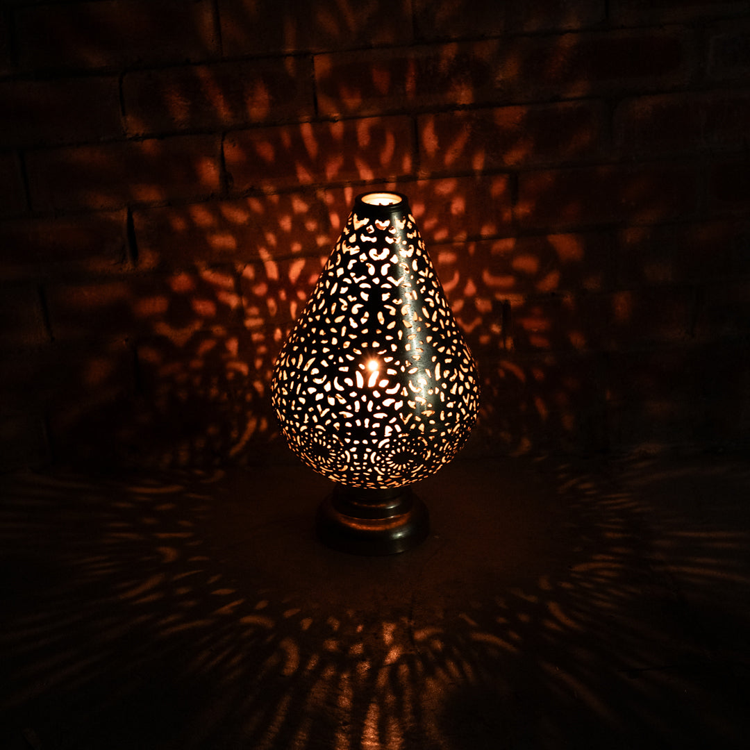 Gold Teardrop Lantern 48cm | Pierced Metal Shadow Lamp