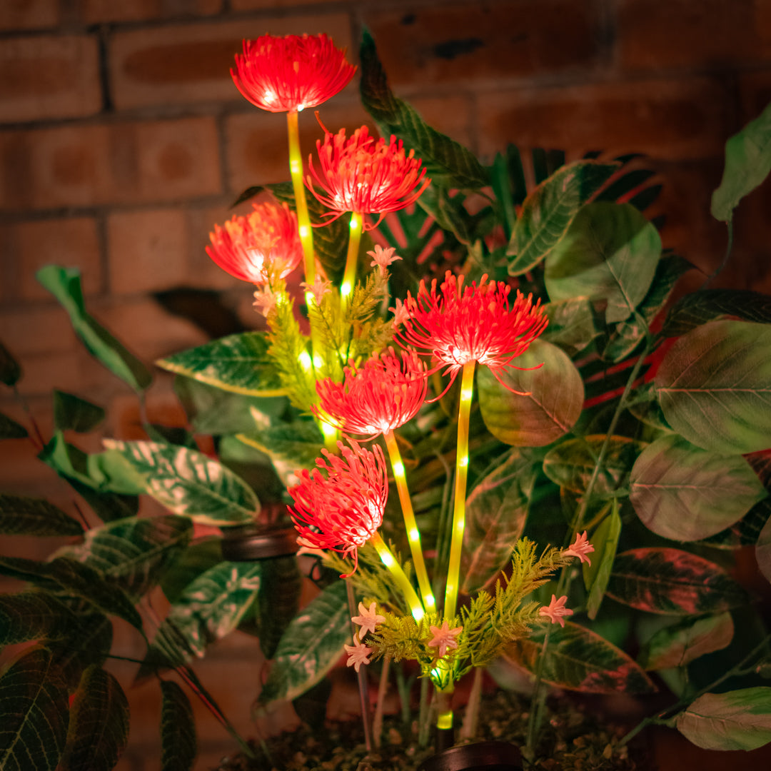 Solar Artificial Red Flower 35-50cm | Pincushion Style