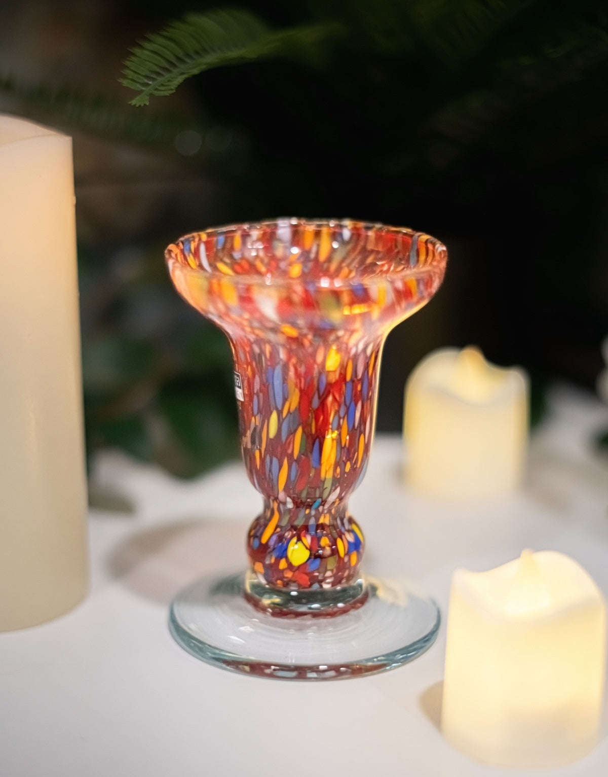 Murano Glass Candle Holder - Vibrant Red Confetti Millefiori Italian Art Glass Candlestick | Elegant Home Decor