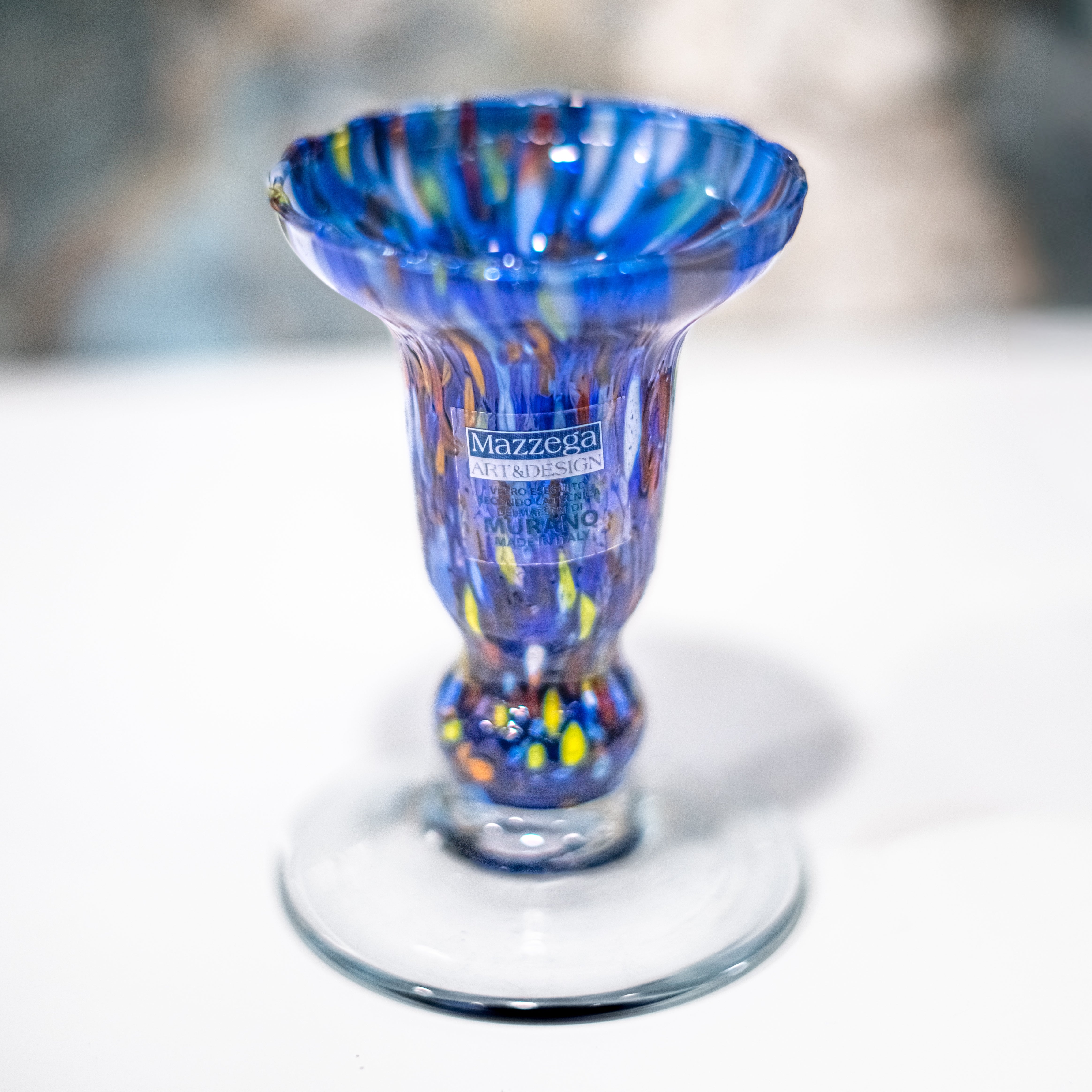 Murano Glass Candle Holder - Vibrant Blue Confetti Millefiori Italian Art Glass Candlestick | Elegant Home Decor